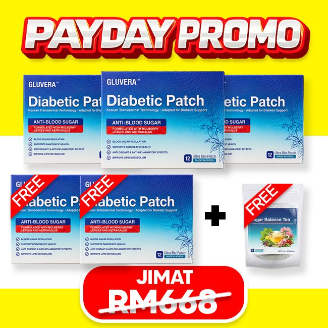 PAKEJ SEMBUH PROMO ( 3 KOTAK GLUVERA DIABETIC PATCH + FREE 2 KOTAK + 1 GLUVERA TEA )